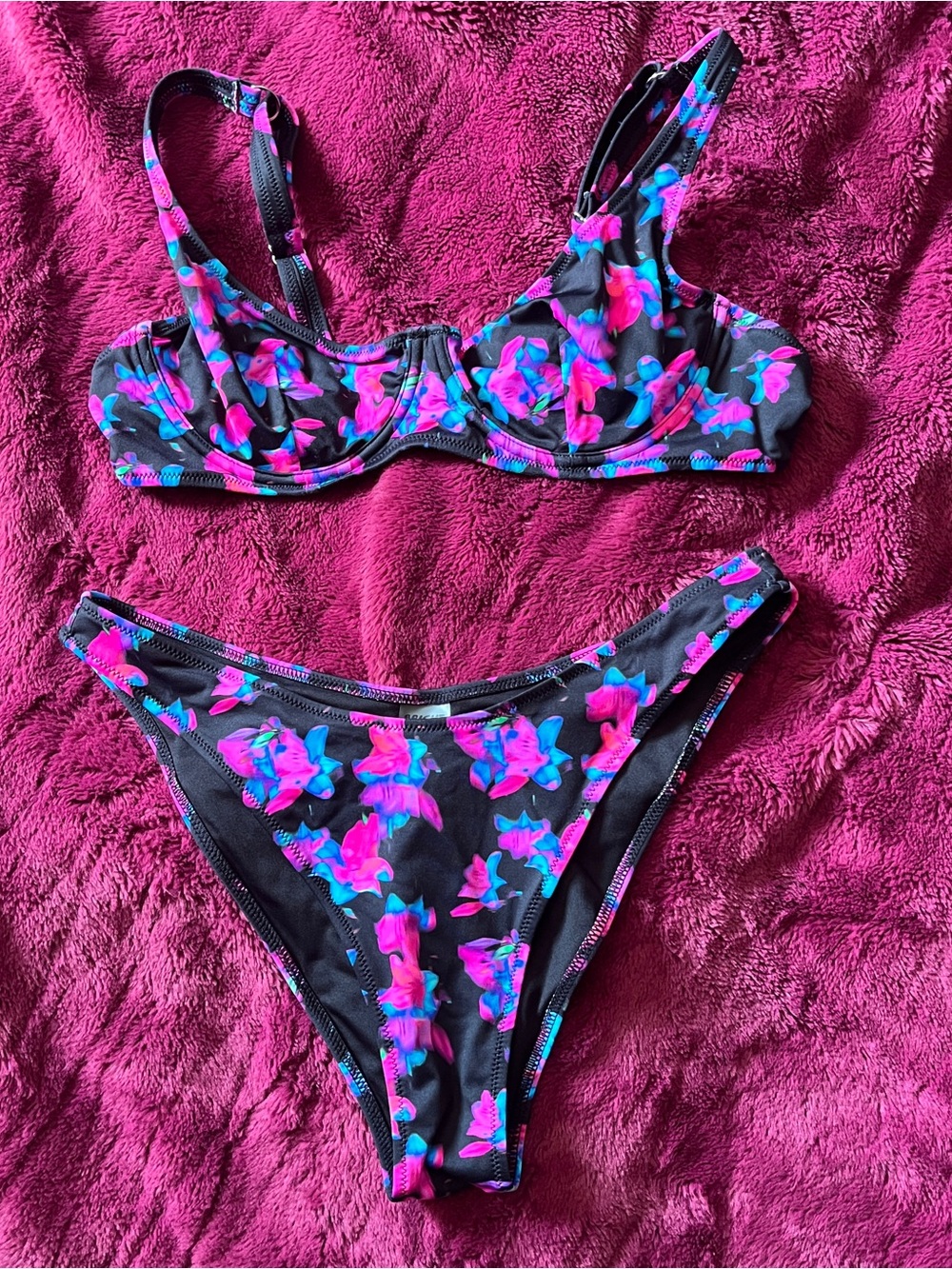 Women’s Black Floral Underwire Bikini Set with Pink & Blue Accents